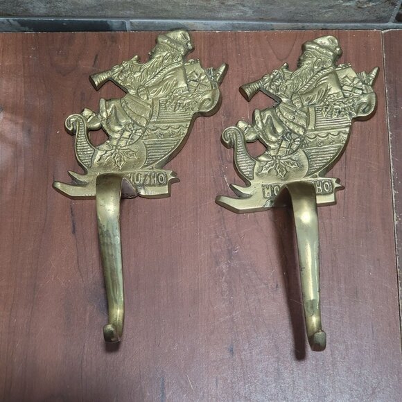 Brass Ho Ho Ho Christmas Santa Claus Sleigh Stocking Holder HangerSet of 2